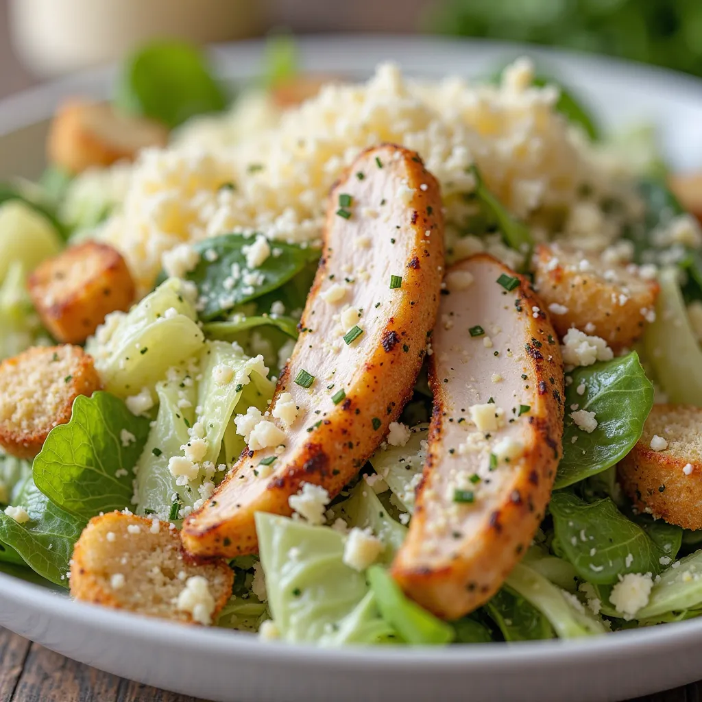 A close-up photograph of Chicken Caesar Salad, showcasing chopped romaine lettuce, cooked chicken breast, Caesar dressing, croutons, and Parmesan cheese, served in a white bowl, with a focus on the texture and the appealing arrangement of the dish, with br...