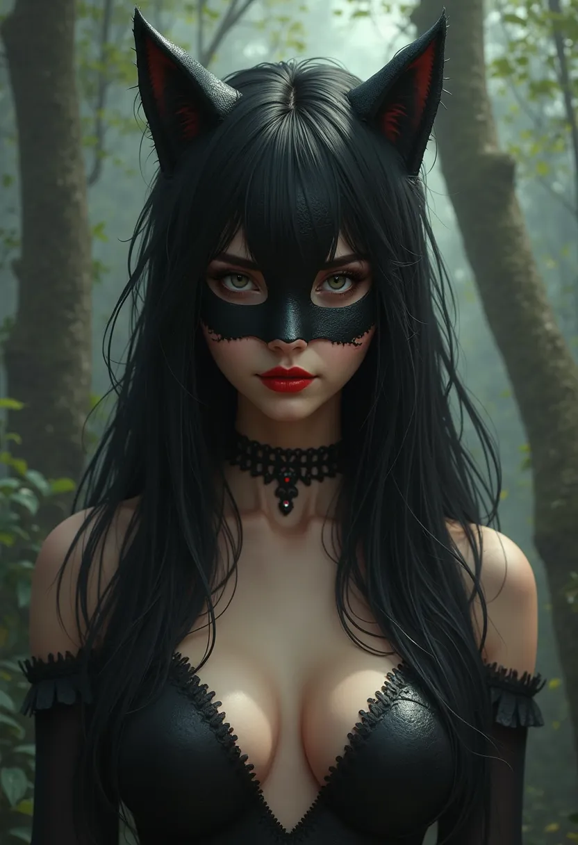  skinny woman, Lasio black hair  , Thick red lips .With a black cat mask . realistic animation .