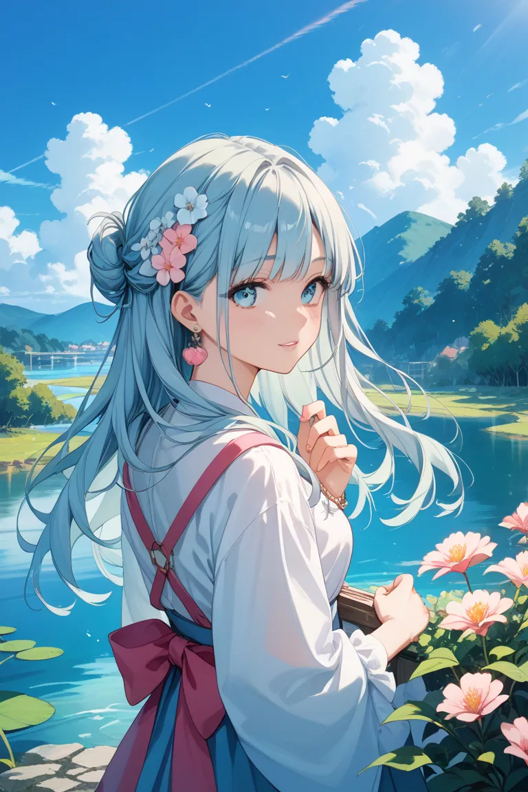 nsfw、long hair、light light blue pastel hair、Hair fluttering in the wind、The background is light blue 、Light overall color、Japanese anime style、Scenery with a view of the lake、upper body、Turn half of your body forward、turn your gaze here、Spring fashion