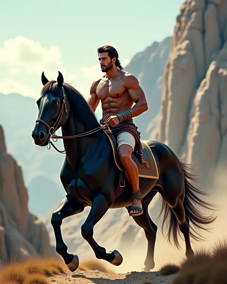 A very handsome, muscular Greek man with a bare body, wearing tight, pants, riding a black horse and carrying a sword. 