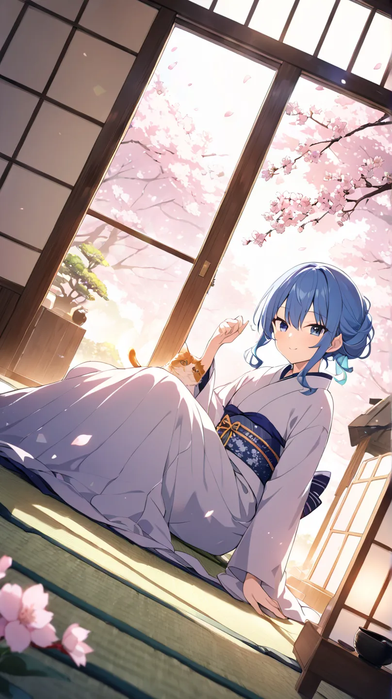 one&#39;s home、Private room、tatami、Tea Ceremony、sit、Gentle light comes in through the window、Cherry blossoms are in full bloom outside、 backlit、cat、Potted flowers、Hoshimachi Suisei、 kimono、solo, dutch angle, Sparkling Effect, blurred background, lens flare...