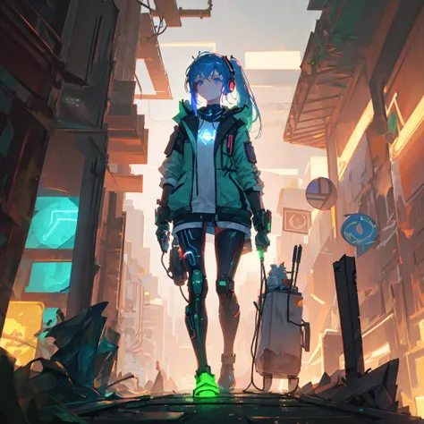 cyberpunk-style girl with sky-blue hair and gray eyes, wearing a high-tech headset with glowing elements. She has a neutral expression and wields a sleek, futuristic sword crackling with blue electricity. She wears a stylish, form-fitting green outfit with...