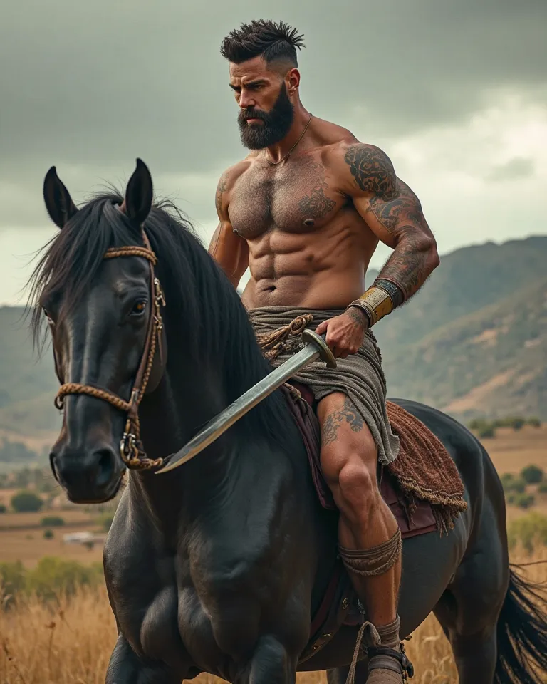 A very handsome, muscular Greek man with a bare body, wearing tight, pants, riding a black horse and carrying a sword. Pictures coming soon. He has masculine features, a big body, and tattoos. 