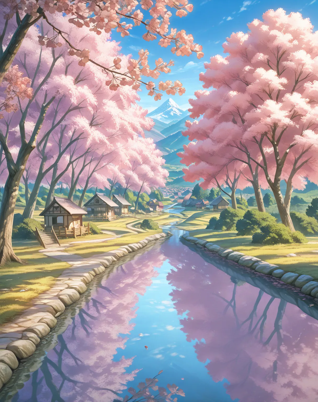 Draw a small village and river,  Anime Beautiful Peaceful Scene , A very beautiful landscape,  Landscape,  Landscapeの詳細, very pretty digital art, The beauty of natural scenery,  beautiful 4K art,  Very beautiful photos ,  beautiful nature , Landscape Wallp...