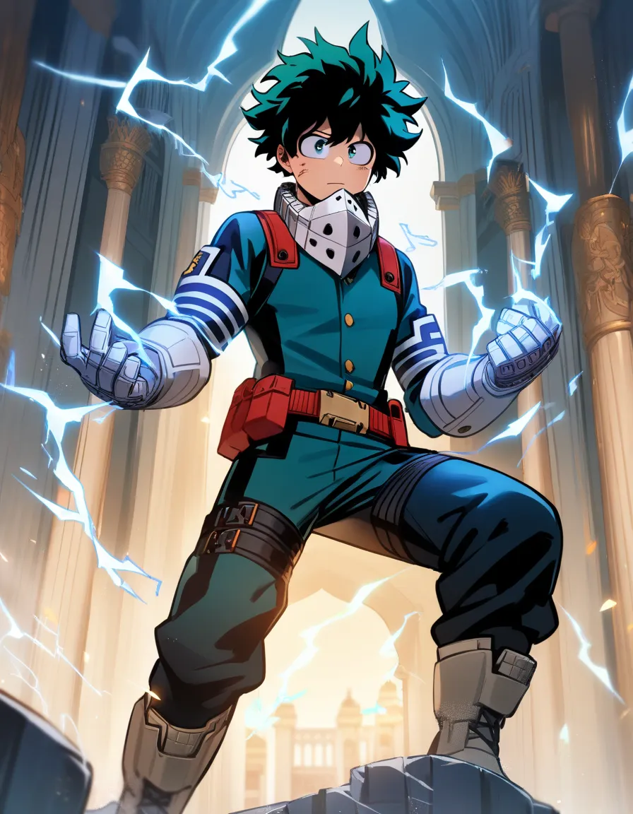 1 boy, male focus,  Midoriya Izuku, Boku at Hero Academia, wound, electricity,, masterpiece, best quality, palace, absurdities