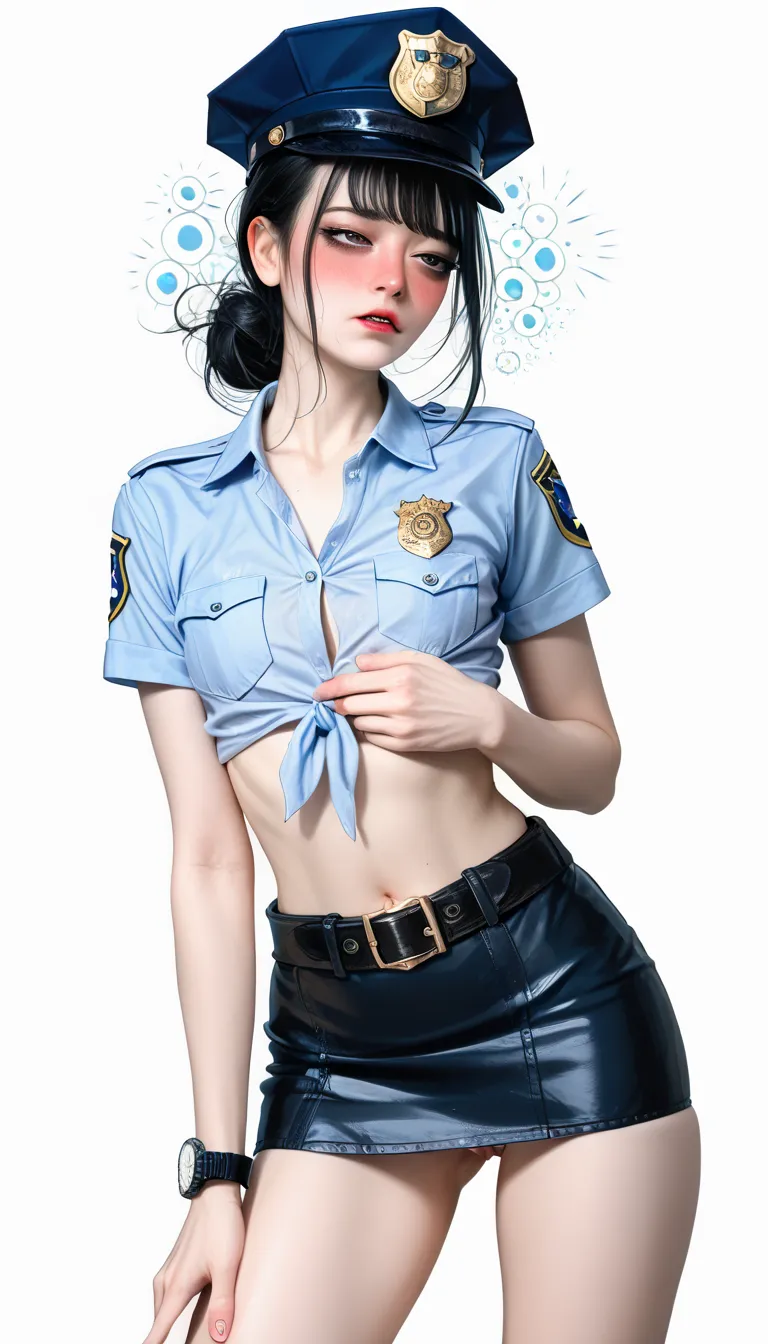 Beautiful Japanese Woman,( 1girl :1.5),(slender body:1.2),( small tits:1.0),( empty white background:1.7),(Very Very Short sleeve police shirt:1.2),(ultra mini police skirt:1.2),(black leather equipped police belt:1.2),real skin ,small breasts, black hair,...