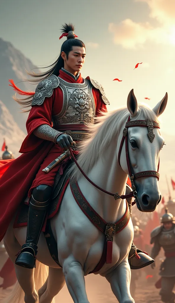 zhao yun，A young general in white，A white horse，A long gun，The war is raging，Warring states，The helmet which is gorgeous with a silver pattern，Clear, delicate and handsome facial features