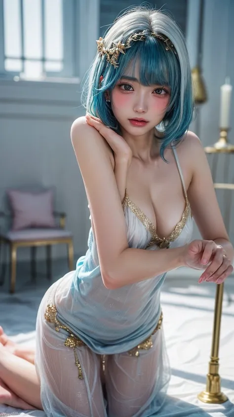 ((camera:1)),1 girl、(((shy slightly blushed face,Shavage Hair, beautiful,  Shiny light blue hair :1.6),silver mesh )),((sweaty face and body :1.3,beautiful脚:1)),((Gestures that invite the viewer:1)、((golden hair ornament:1.5,pure white nightdress:1.8)),21 ...