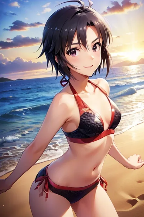 kikuchi makoto,short hair,  black hair, antenna hair, hair between eyes, dark eyes, flat chest, small breasts,,(perfect five fingers), (perfect anatomy) ,, (Sparkling Eyes, fine grain)、smile、super detailed eyes、非常にdetailed face, very fine eyes,

(masterpie...