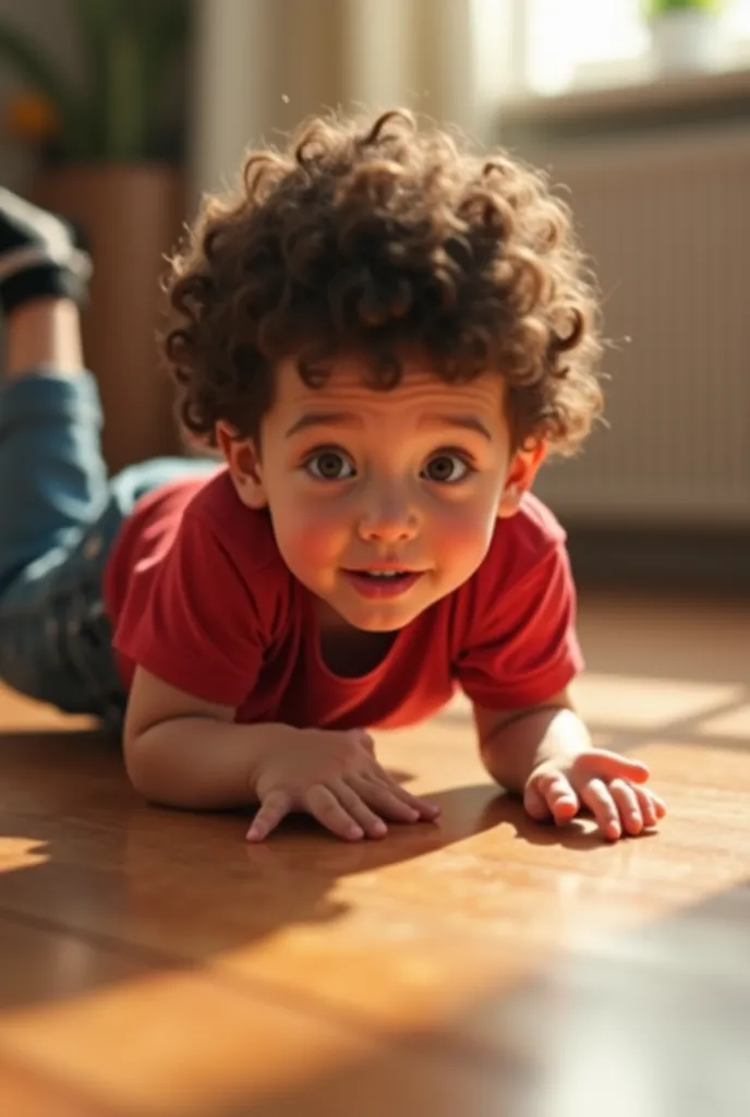  A small , t-shirt with curly brown hair , He has a red, He has denim pants and was on the floor because he had fallen 