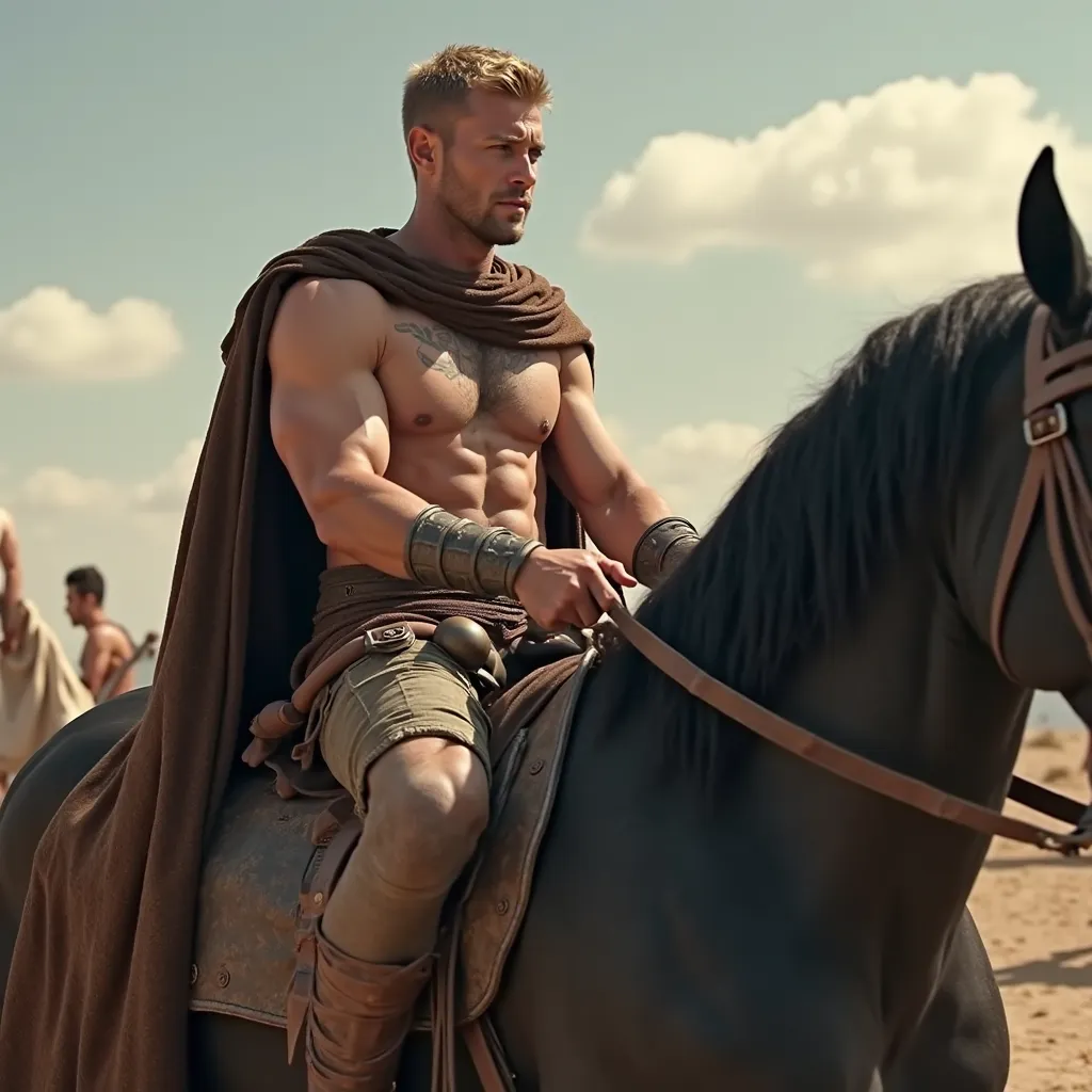 A very handsome, muscular Greek man with a bare body, wearing tight, pants, riding a black horse and carrying a sword. Pictures coming soon. He has masculine features, a big body, and tattoos. Back with the leader behind him is a bare-bodied, muscular, blo...