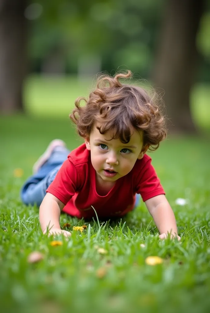  A small , with curly brown hair , He has a red t-shirt, He has denim pants and was on the floor because he had fallen, I was in the grass of a park and I looked scared 