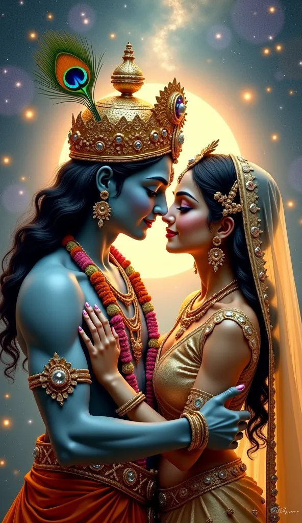 A hyper-realistic oil painting of Lord Krishna and Radha, adorned in magnificent royal attire, standing closely in a moment of divine love. Krishna's golden crown, decorated with shimmering gemstones, peacock feathers, and delicate floral accents, radiates...