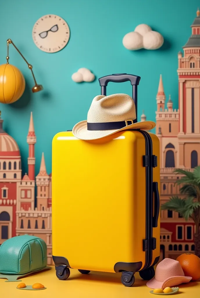 a yellow suitcase with a hat on top of it, a picture, all roads lead to rome, key visual, profile picture, trending on imagestation, fan favorite, passport, tv still, cities, stacked image