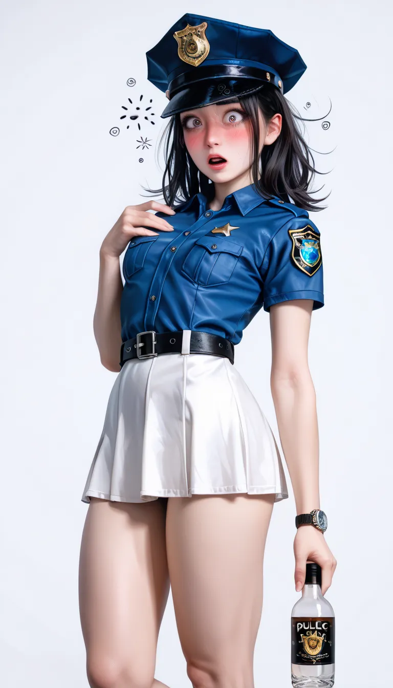 Beautiful Japanese Woman,( 1girl :1.5),(slender body:1.2),( small tits:1.0),( empty white background:1.7),(Very Very Short sleeve police blouse:1.2),(white ultra mini police skirt:1.2),(black leather equipped police belt:1.5),real skin ,small breasts, blac...