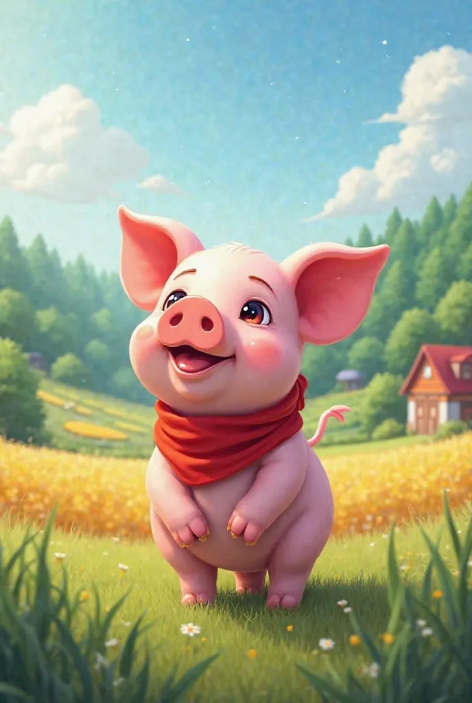 A cute little pink pig wearing a red scarf stands in front of a farm, gazing eagerly at the deep green forest in the distance. The sky is bright blue, and vast fields stretch behind him.