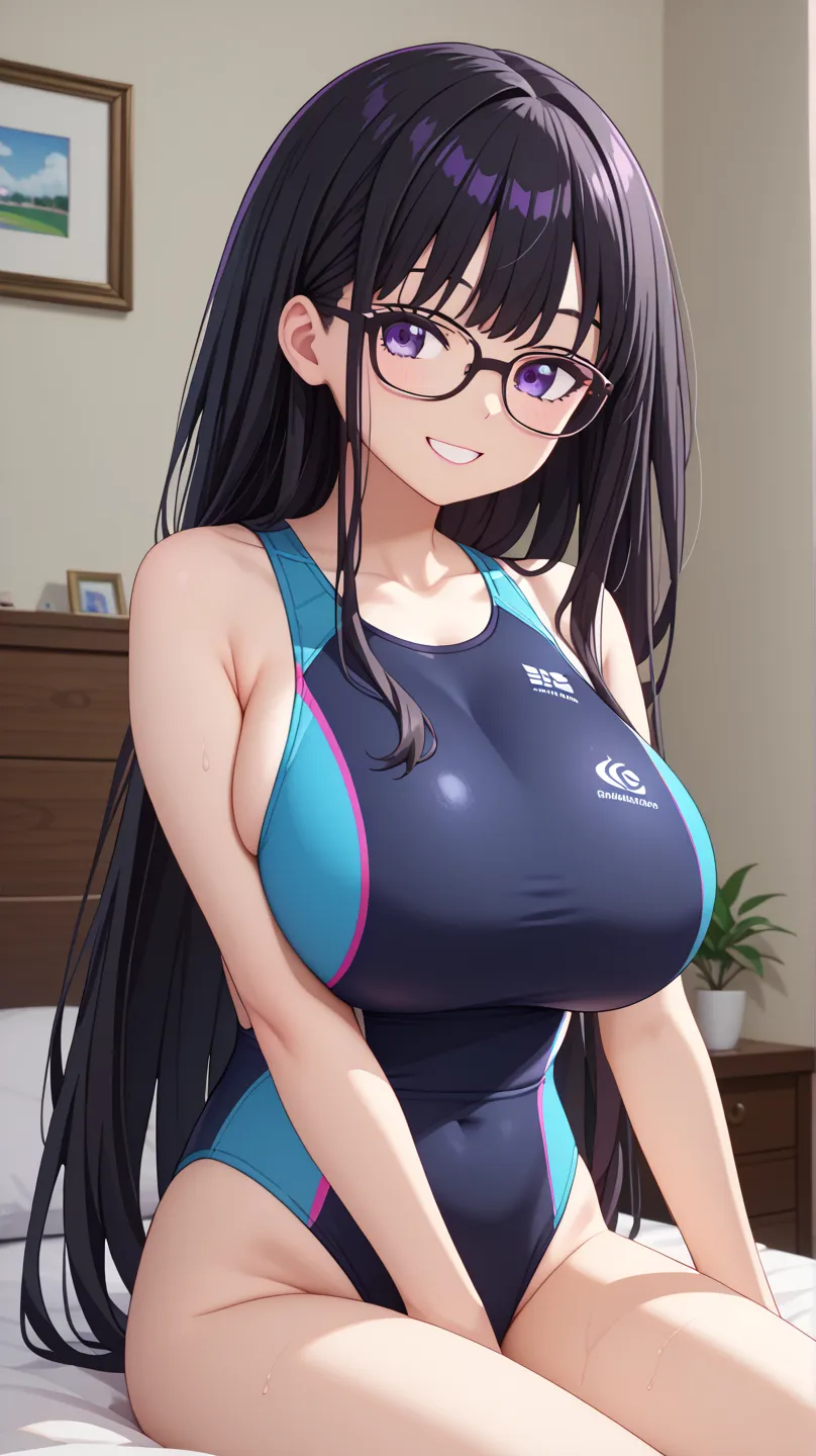 超high resolution, retina, masterpiece,  accurate, anatomically accurate, Super Detail, high detail,   high resolution,anime screen capture, Anime Coloring, (check it out:1.3)、(long hair, bungs, black hair, purple eyes:1.3)、(extremely huge breasts:1.3)、( Aq...