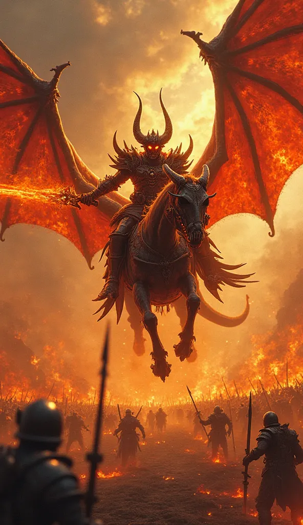 A demonic fire knight, his armor forged from the very heart of a dying star, rides a burning skeletal dragon across a battlefield of fire and brimstone. The knight’s eyes glow like molten metal, and his blade is a jagged inferno that warps the air around i...