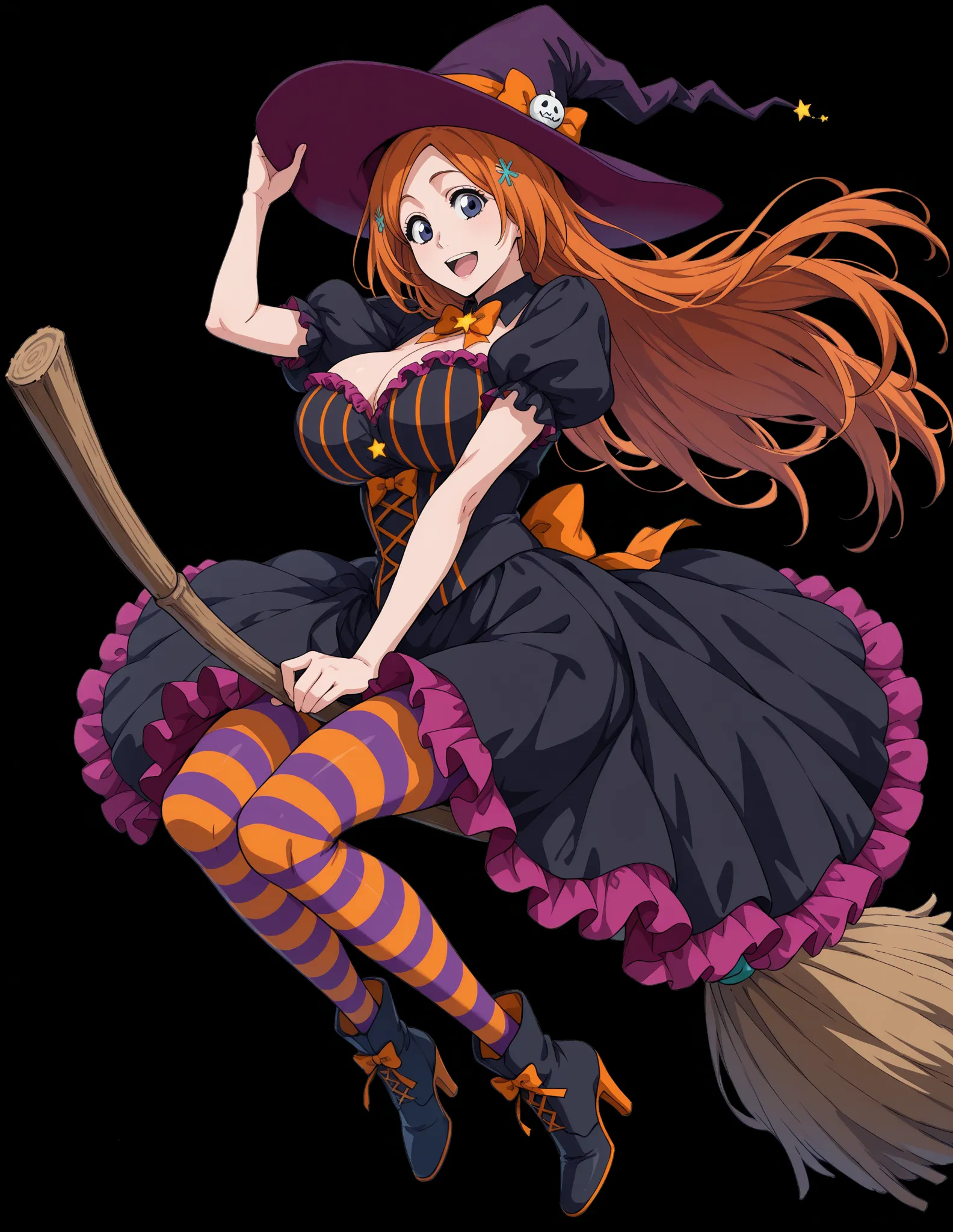 0rihime, 1girl, witch hat, broom riding, striped clothes, large breasts, open mouth, frilled dress, long hair, frills, black background, striped pantyhose, orange hair, high heels, looking at viewer, puffy sleeves, puffy short sleeves, hand on headwear, bo...