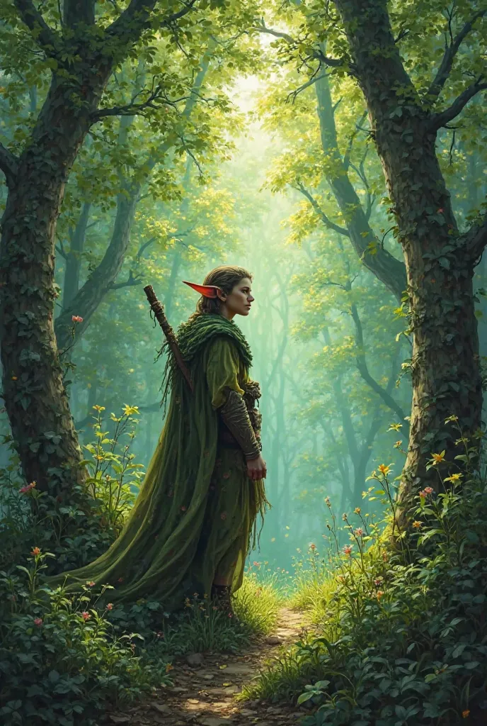 sunny day,  summer, a magical green forest and in the middle of the frame, an elf looks with his face from the Middle Ages in close-up in full length facing the screen 
glitter, Dark Fantasy, 200k oil painting, digital-art, ink Illustration, Surrealism,  o...