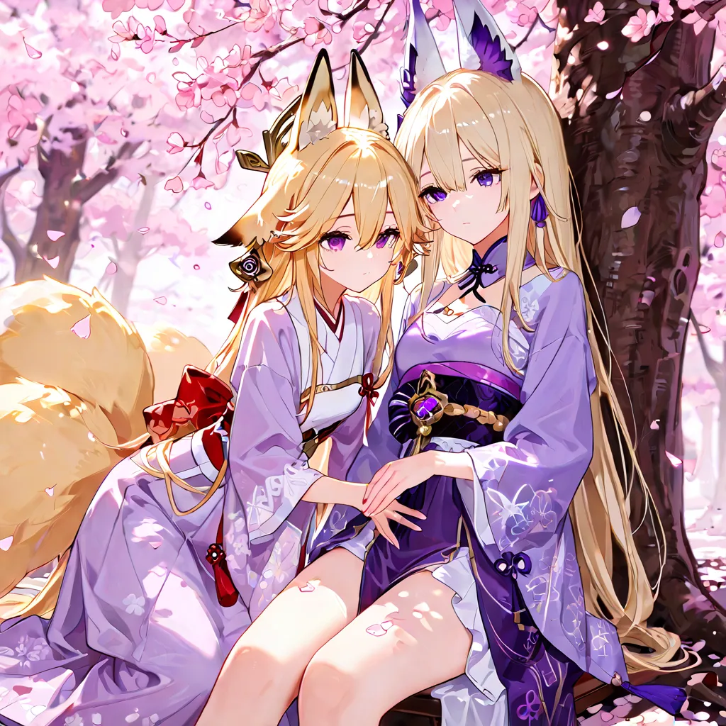 BlissFox stood beneath an ancient sakura tree, the pink petals flowing . 2girls long blonde hair, purple eyes, hair inbetween eyes. Fox ears View between legs female. Purple dress,