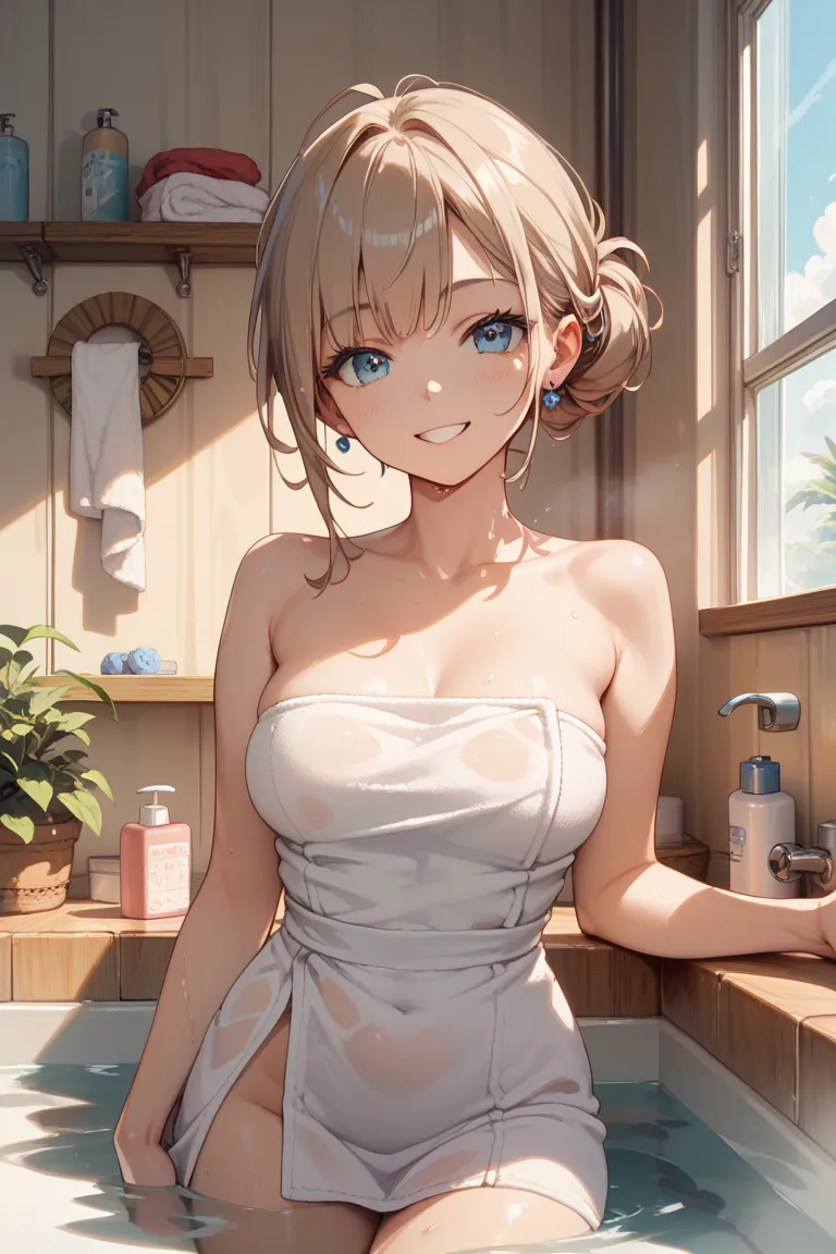 The right eye is blue　The left eye is red　human　Cute girl in illustration style　hair is light brown and long　One bath towel　　smile　room