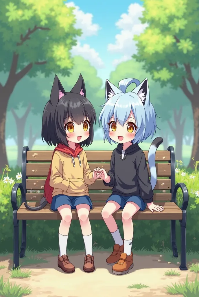  The girl has black hair with cat ear and tail. The boy wears light blue hair with yellow eyes and has no cat ear and tail. They are cute in gibli style .  they are happy .  anime style, beautiful style. They are four years old. Both are sitting at a bench...