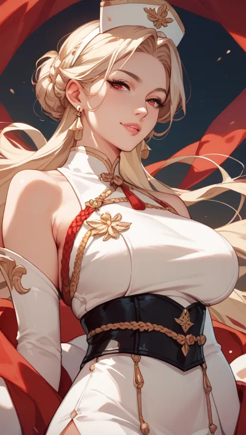 Anime girl 30 years old , with long blond hair and red eyes, in white ( dress) special forces commander's outfit , similar to Esdes from the anime Akame Killer , more adult facial expression , a milf 