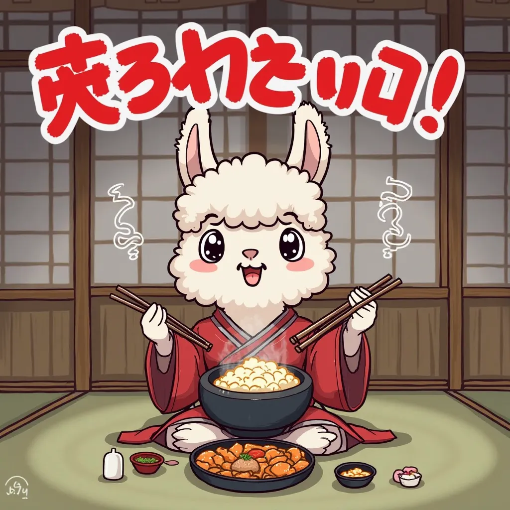 7. "Meshi-ikou!"
Show an alpaca samurai sitting cross-legged in front of a steaming, delicious feast, holding a pair of chopsticks in one hand and a massive rice bowl in the other. His eyes sparkle with excitement, and his mouth is slightly open, ready to ...