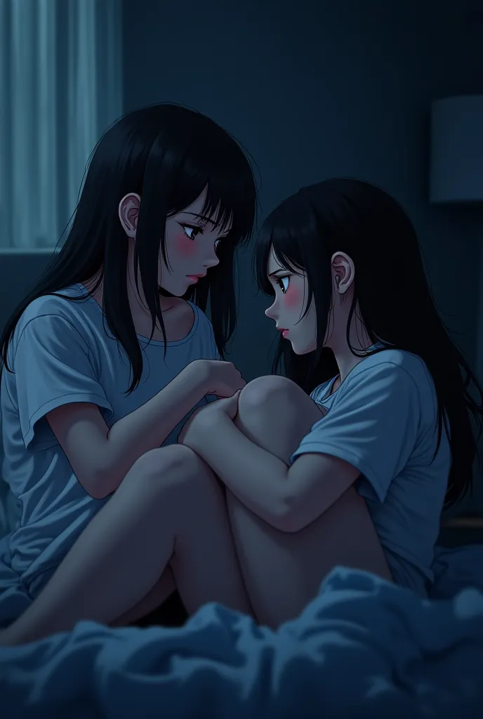 Ultra-detailed interior scene of two women and one A   in a dim living room at night. 2 boys, 2girls!!! A  . two full, curvy and fat women, . A mature Hana Haruna, A delicious bust, black long messy hair, A plump and prominent butt, Naked, not suitable for...