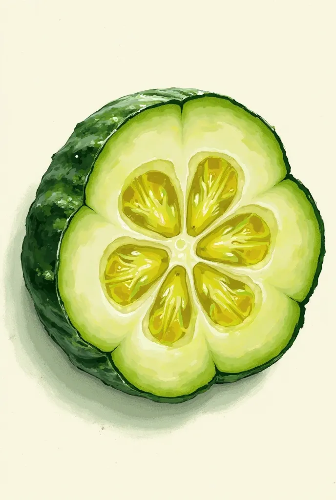 A round piece of sliced pickled cucumber,  bright green and yellow hues.  Various layers with thin, jagged sections.  There are contrasting transitions from greenish to light yellow, , which indicates the pickling process. top view (strictly from top to bo...