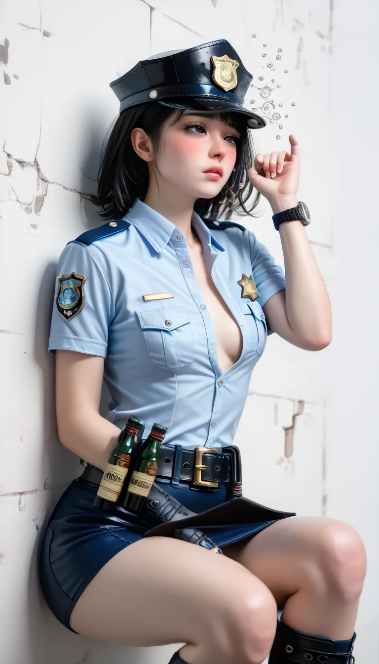 Beautiful Japanese Woman,( 1girl :1.5),(slender body:1.2),( small tits:1.0),( empty white background:1.7),(Very Short sleeve police shirt:1.2),(ultra mini police skirt:1.2),(black leather equipped police belt:1.2),real skin ,small breasts, black hair,Ultra...