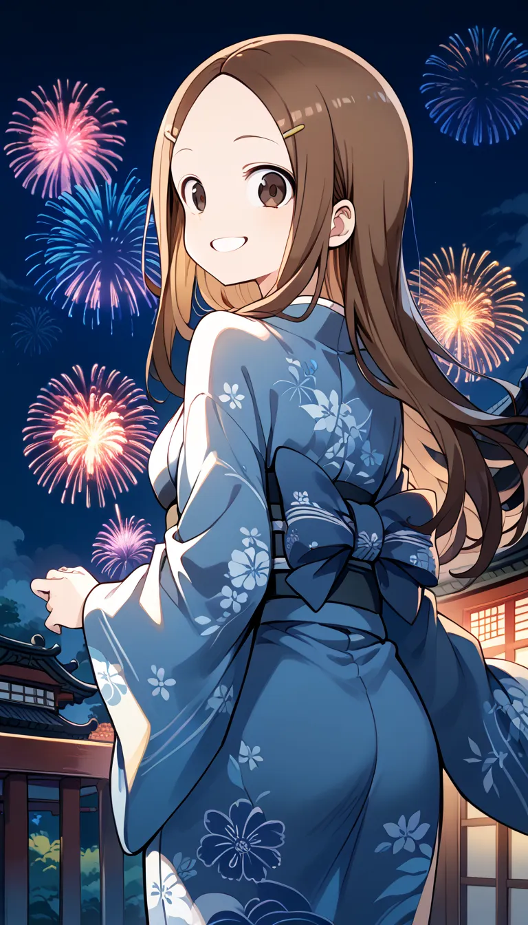 ( takagi-san)An absurd resolution, high resolution, (Artwork: 1.4), Super Redundant , (1 Female: 1.3), ( standing standalone: 1.4),   Fireworks , long hair brown hair,  kimono, Looking Back,  close your eyes, smile, Lumiere, Shinkai Makoto Style, Super Clo...