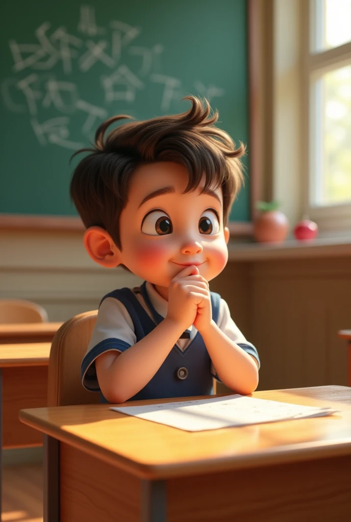 Can you generate a landscape photo of a boy sucking his thumb at school in pixar animation style 