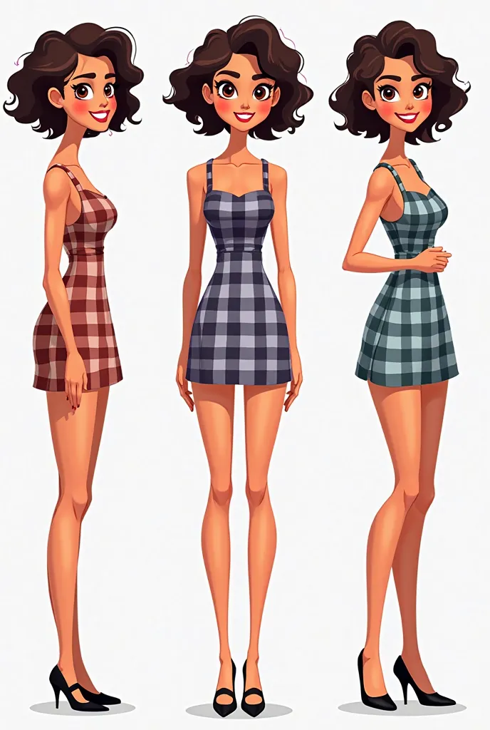 cartoon avatar in png and transparency on the background of a fair-skinned woman, brown eyes, dark curly hair,  wearing a checkered dress, Blooming, plaid and colorful, wearing black heeled sandals in several different poses.