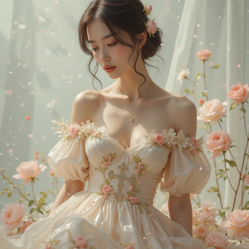 nude silk gown with cross ribbon and pastel floral decoration