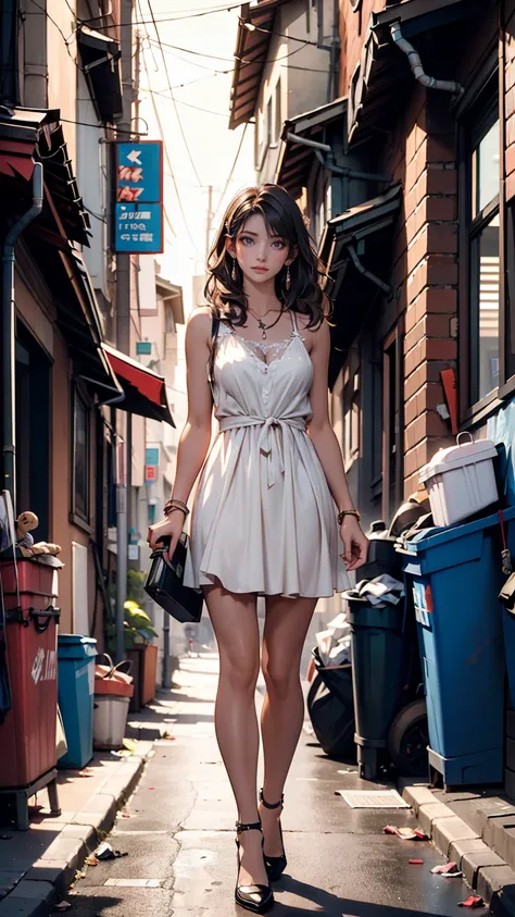 ((masterpiece, best quality)),girl, Alone,  dress, standing,  halo, alley, outdoor, bungs, white  dress, white hair, long hair, black footwear, industrial pipe, viewers, Air conditioning,dark lighting, garbage, garbage bin, hxh2011 