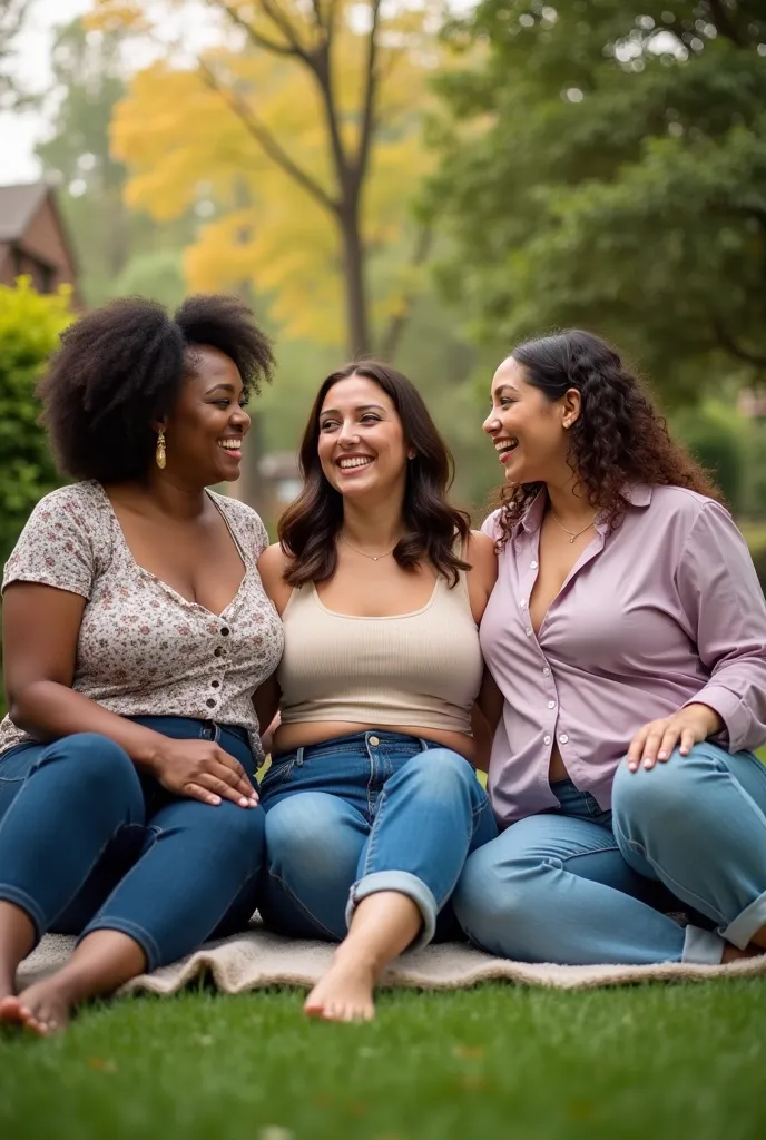 Photo of three couples of white American lesbian mothers who are seen to be happy with their physique looking fuller and plus size, busty and wearing casual and more stylized clothes in her yard.  Appropriate and suitable lighting techniques . HD, masterpi...