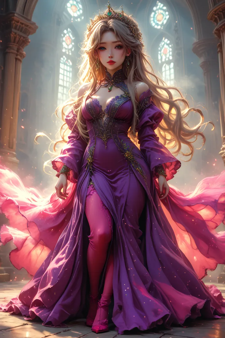 4K anime style quality, digital drawing mode, a regal and graceful woman with long, flowing brown hair and warm bl7e eyes, dressed in an ethereal white and purple imperial hanfu adorned with delicate embroidery, standing in a celestial palace, her expressi...