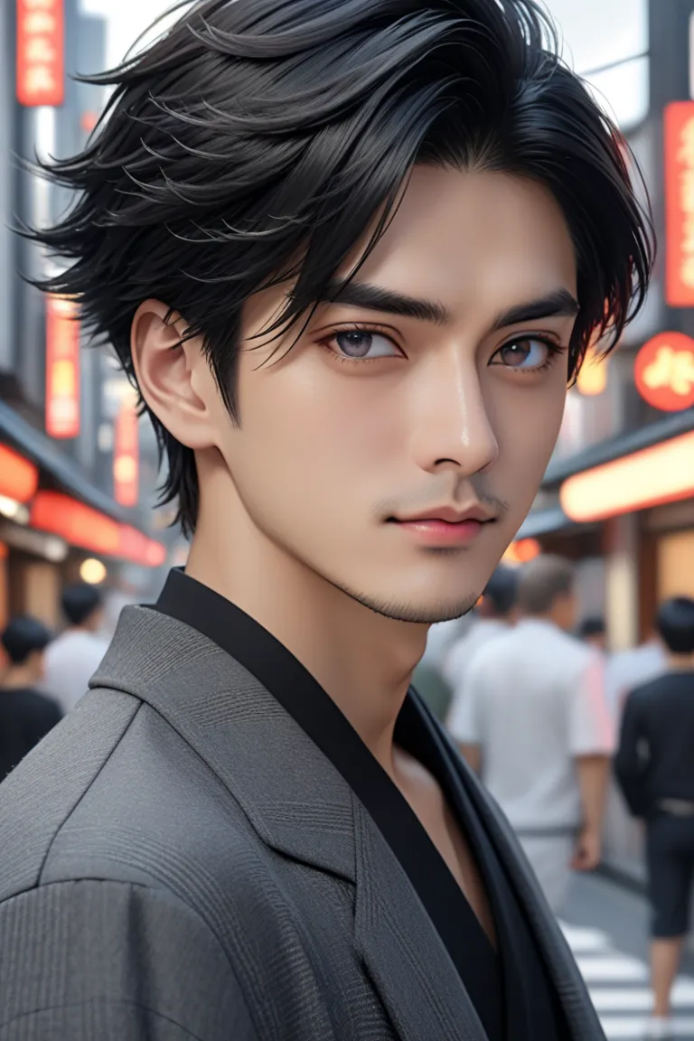  boy, well-groomed face, ( facial details ), black hair, ( Hair Details ), dark gray eyes, (),  cool style , (Clothing Details), (Body Details),  charming gaze, Tokyo daytime background, ( background detail), (Let's take good, clear photos), (Create 4K and...