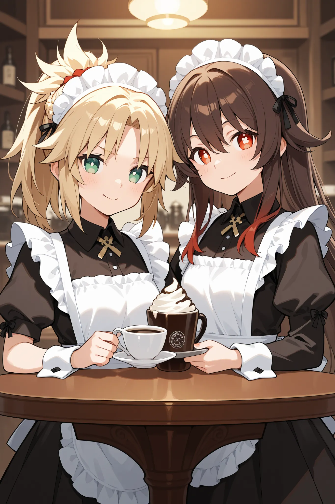 Hu tao brown hair in the coffee maid 2 girls mordred (fate) blonde HD eyes 