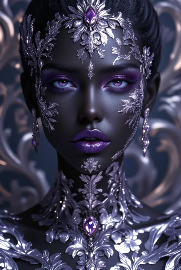 Black-skinned fashion woman, alluring purple eyes, vibrant purple lips.  face covered in shimmering silver sequins, serene expression, elegant poise, dramatic lighting, moody atmosphere, ornate fantasy backdrop, vibrant colors, photorealistic, 8K, HDR, ult...