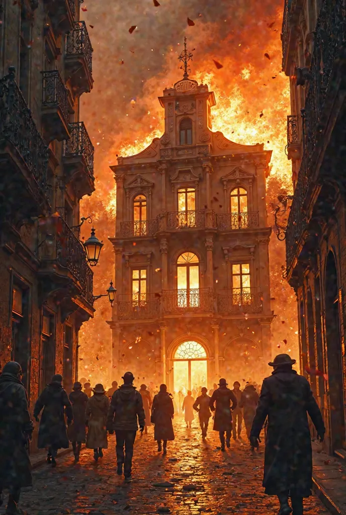 Make me a picture of a house burning in old Madrid