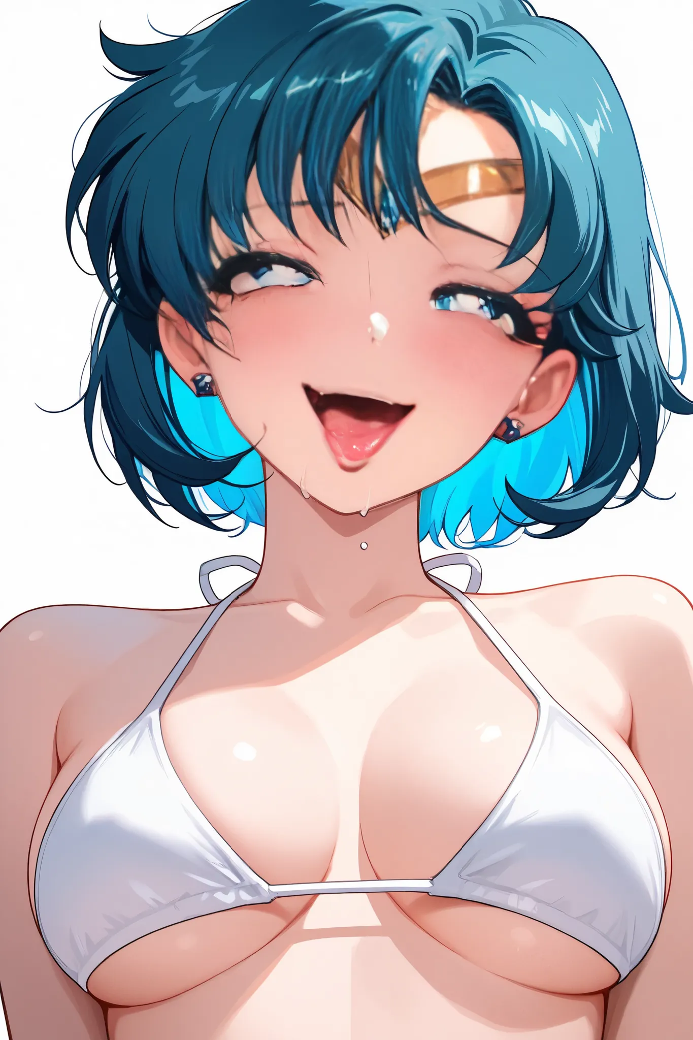 sailor_mercury,1 female,solo,

short hair,blue hair,colored inner hair,

blue eyes,beautiful eyes,big eyes,
slant eyes,long eyelashes,sleeping eyes,
jewelry,earrings,

white background,
look up,zoom out,look at viewer,
upper body,from upper,

white bikini ...