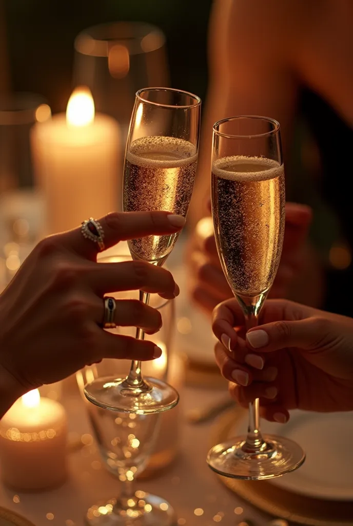 Close-up of a champagne toast, only their hands holding glasses — her delicate pale fingers with elegant rings, his strong dark-skinned hand — sparkling luxury dinner setup, candlelight reflections, intimate and rich atmosphere.