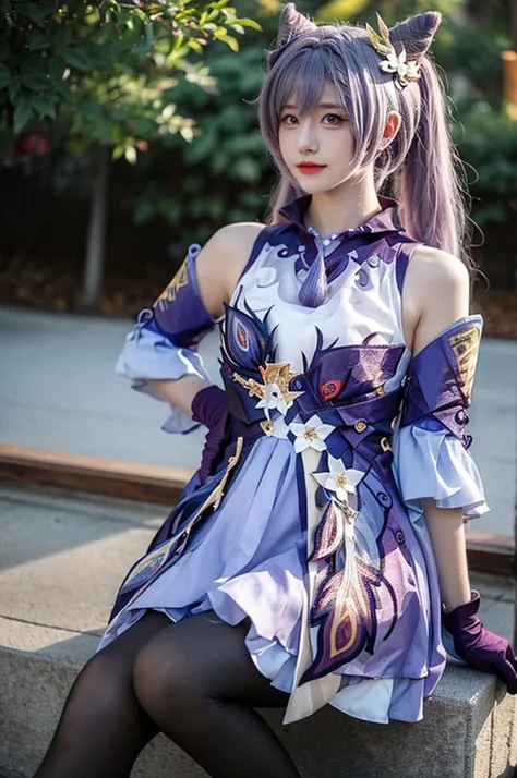 a cute girl ,solo,medium breast,keqing cosplaykeqingdef,purple_eyes , purple hair , double ponytail hair, sharp eyes , gloves , black pantyhose,sitting unkind pose,outdoor,city,morning time,closeup-body.