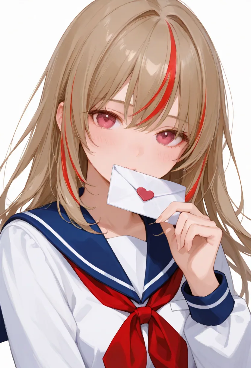 (masterpiece , top quality ,  exquisite,8k, absurd),(748cmstyle),(A woman holding a love letter in her mouth,women's upper body,front angle),white and red,((streaked hair)), highlights hair,red ribbon,is wearing a sailor suit,blowing in the wind,Mysterious...