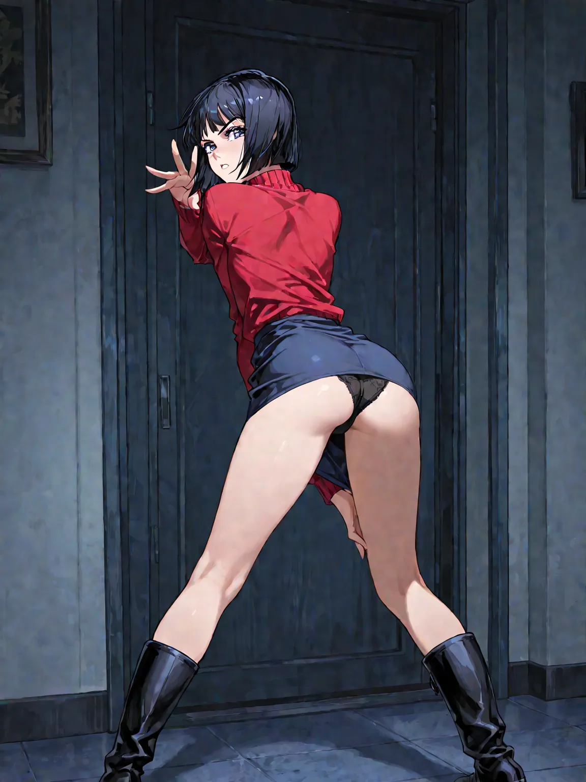  Short bob black hair ,red sweater,navy blue tight skirt mini,black long boots,Athlete Body Shape,JoJo face,pretty face,A very serious face,along the coast,Late Night,Inside a barbed back,Jojo pose,cool,black panties visible