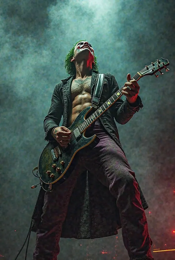 Create a model of a characteristically imposing muscular Joker playing guitar on stage