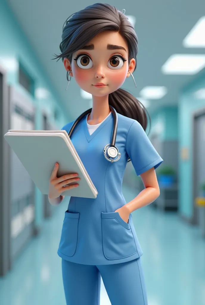 Animated 3D doctor with an agenda in her hand, dressed in blue surgical clothes without a hat 